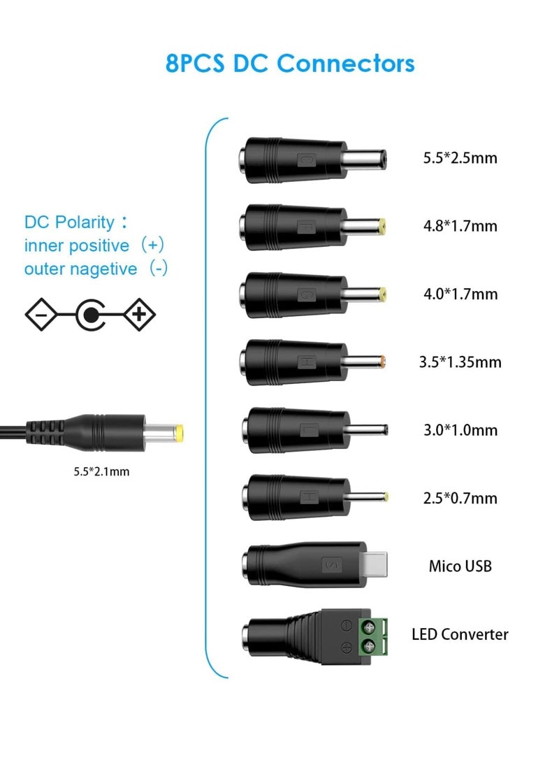 OSHIMA 30W 12V Universal AC/DC Adapter, Universal Adapters with 8 Selectable Adapter Plugs, Power Supply 3V 4.5V 5V 6V 7.5V 9V 12V Charger for CCTV Camera Speakers Routers LED Strips Tablet for Switching - Image 2